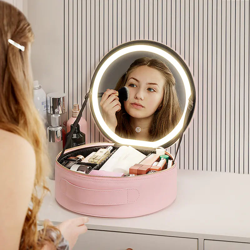 Round Makeup Bag with Mirror and LED Light (Large Capacity)